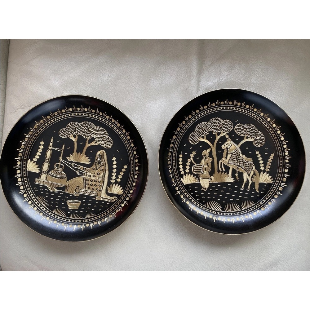 Brass Wall Hanging Plate Tray Decor Etched. Set of 2